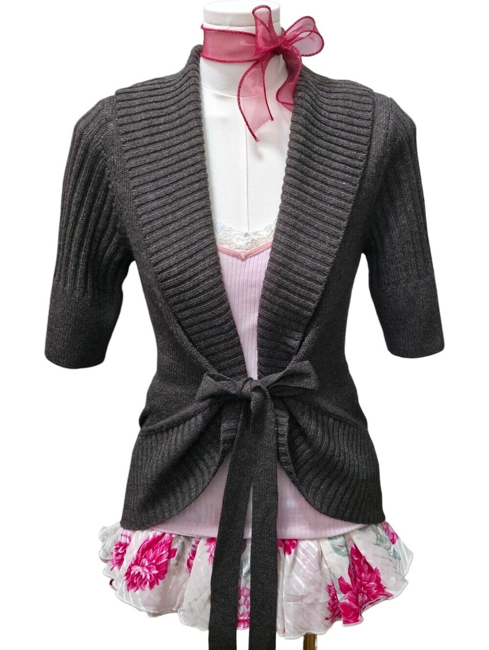 Worthington dark brown knit cardigan top with tie closure and gold sparkly detai